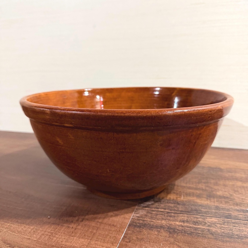Antique12" Yellowware Mixing Bowl Rockingham Brown Glaze, 19th Century Primitive